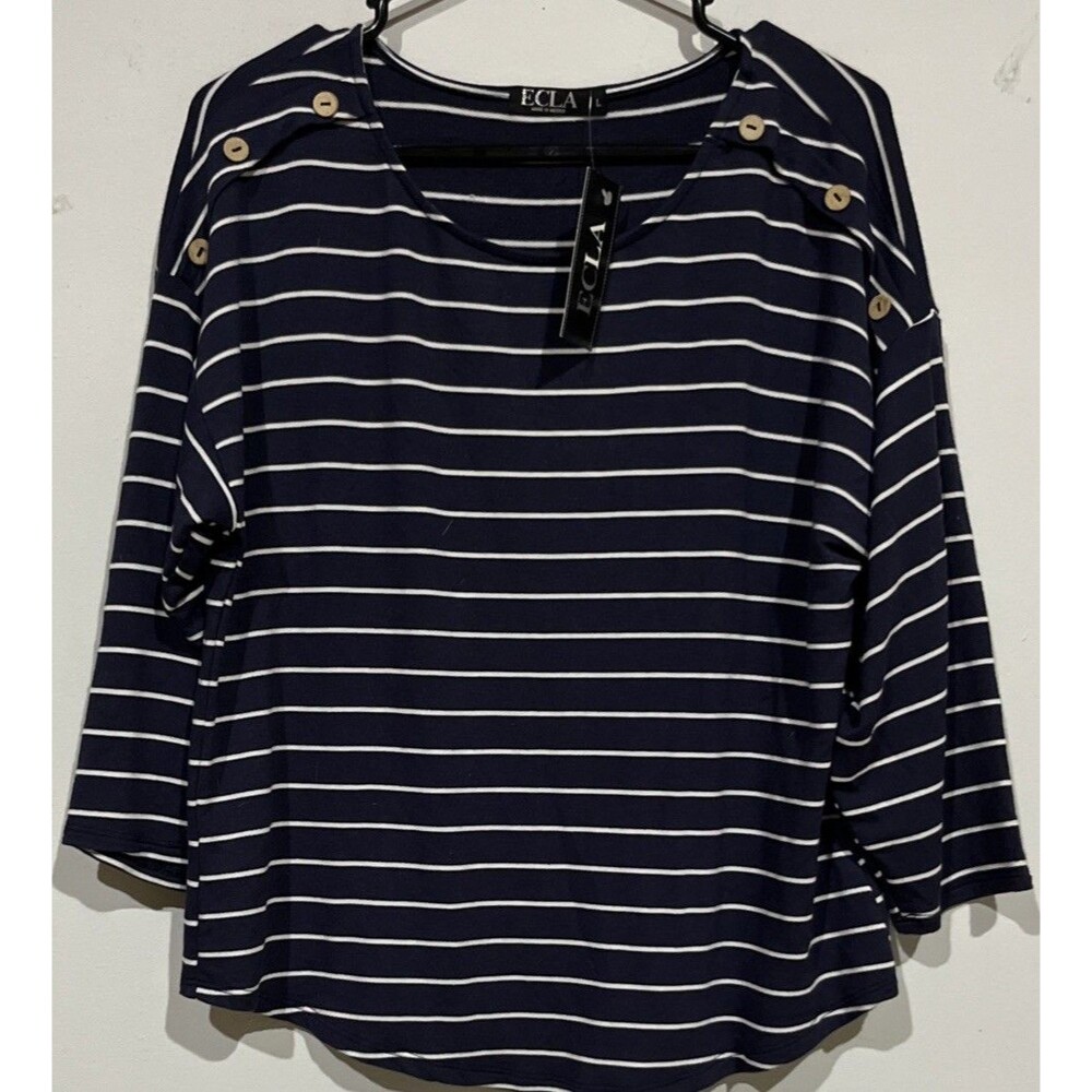 ECLA Women Size Large Top New With Tags Blue White Stripe 1/2 Sleeves Round Neck